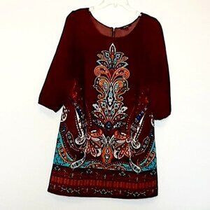 BEBOP Short Shift Dress; 3/4 Sleeves; Burgundy Paisley; Size Medium